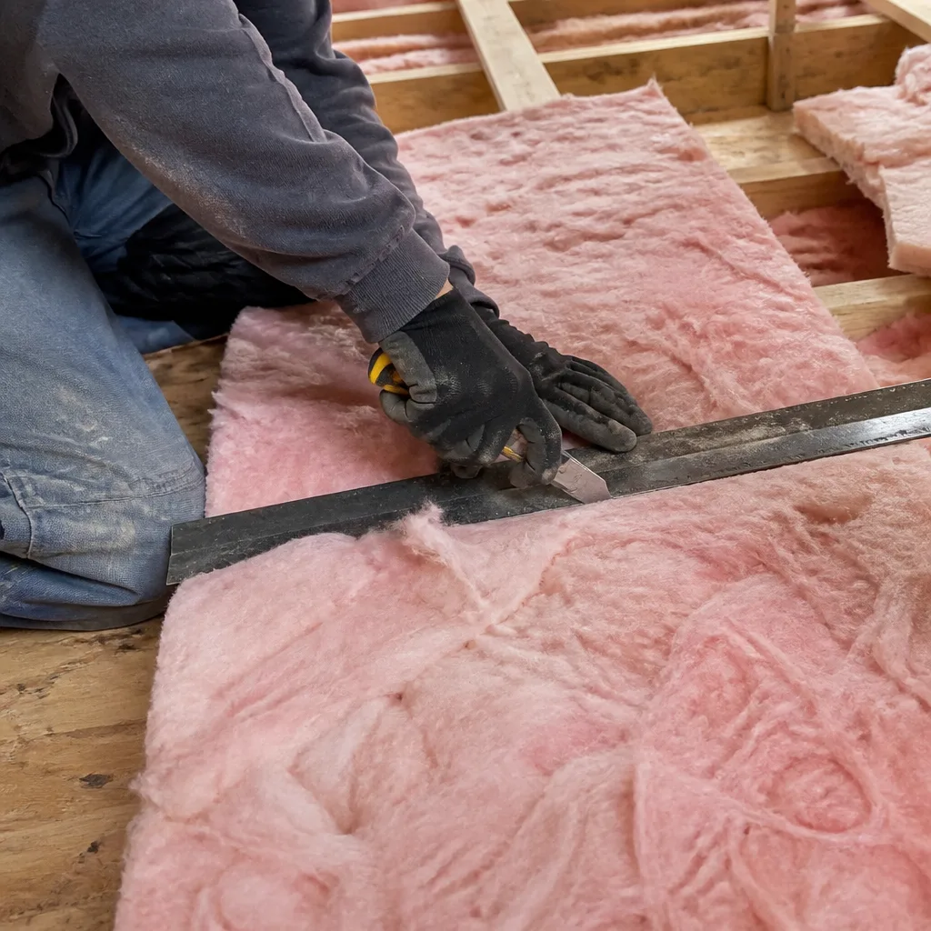 Professional cutting pink fiberglass attic insulation batts with a utility knife