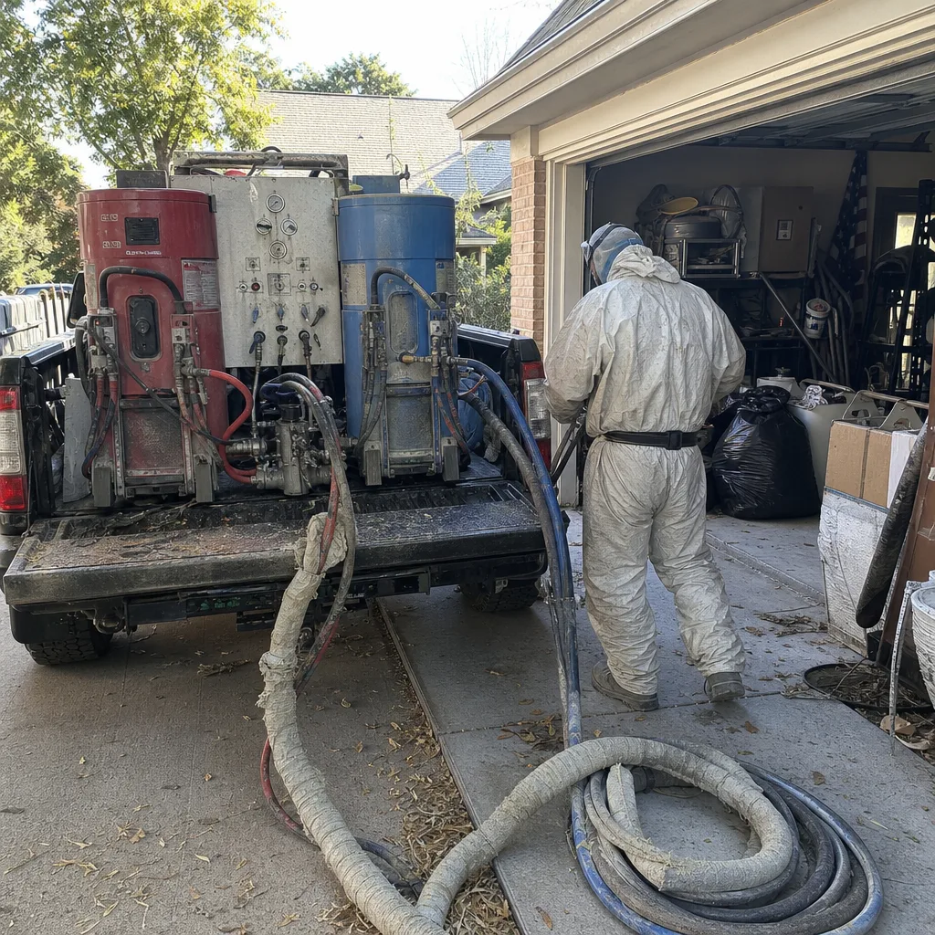 Technician in protective suit operating professional spray foam insulation equipment